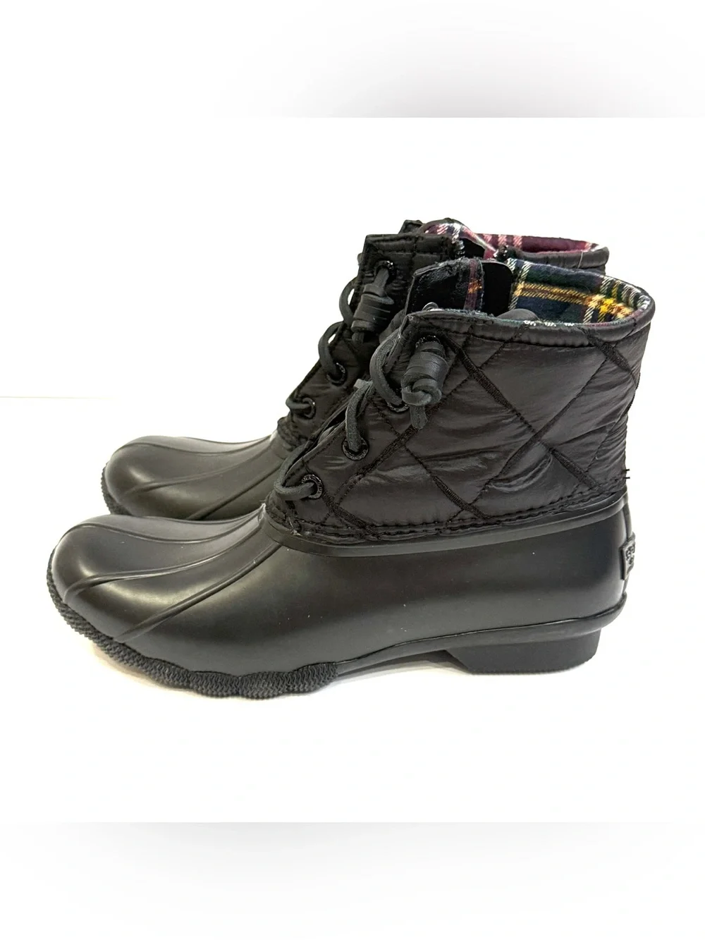 Sperry Women’s 5.5 Black Quilted Duck Boots Plaid Lined NEW Without Box